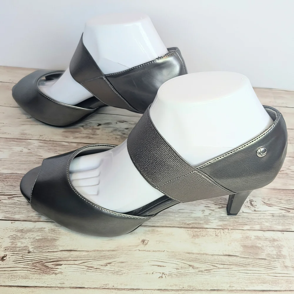 LifeStride Flex Dark Silver Pewter Open Toe Heels Metallic Size 9